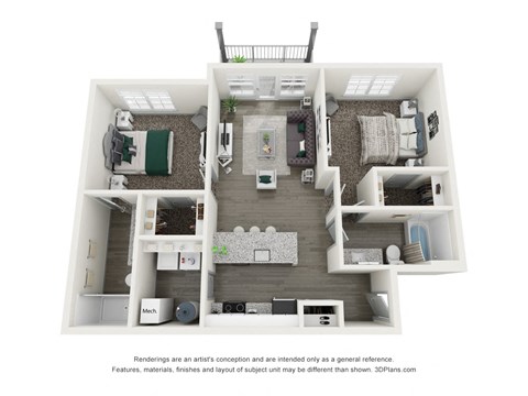 Floor plan for 2 beds, 2 baths, 987 sqft